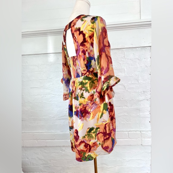 Anthropologie Maeve Deloria Floral Silk Dress Watercolor  Kimono Sleeve Petite 4 - Picture 9 of 15